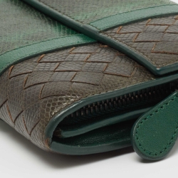 Pre Owned Bottega Veneta Green Intrecciato Karung Flap Continental Wallet
