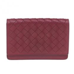 Pre Owned Bottega Veneta Red Leather Intrecciato Card Holder