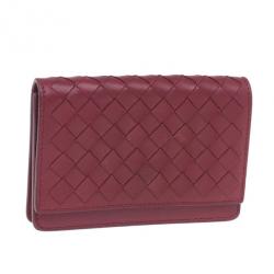 Pre Owned Bottega Veneta Red Leather Intrecciato Card Holder