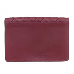 Pre Owned Bottega Veneta Red Leather Intrecciato Card Holder