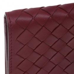 Pre Owned Bottega Veneta Red Leather Intrecciato Card Holder
