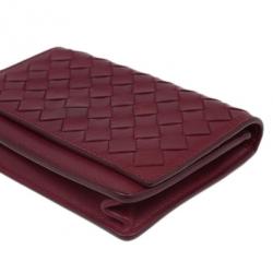 Pre Owned Bottega Veneta Red Leather Intrecciato Card Holder