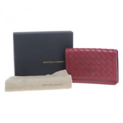 Pre Owned Bottega Veneta Red Leather Intrecciato Card Holder