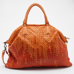 Pre Owned Bottega Veneta Orange Intrecciato Leather Maxi Convertible Tote