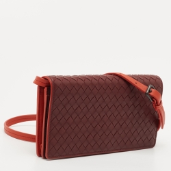 Pre Owned Bottega Veneta Burgundy/Orange Leather Crossbody Bag