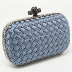Pre Owned Bottega Veneta Blue Satin and Water Snake Trim Knot Clutch
