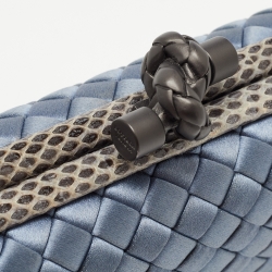 Pre Owned Bottega Veneta Blue Satin and Water Snake Trim Knot Clutch