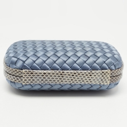 Pre Owned Bottega Veneta Blue Satin and Water Snake Trim Knot Clutch