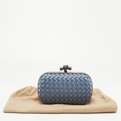 Pre Owned Bottega Veneta Blue Satin and Water Snake Trim Knot Clutch