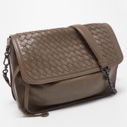 Pre Owned Bottega Veneta Dark Grey Intrecciato Leather Flap Shoulder Bag