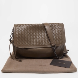 Pre Owned Bottega Veneta Dark Grey Intrecciato Leather Flap Shoulder Bag