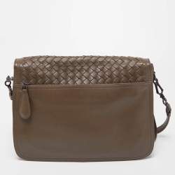 Pre Owned Bottega Veneta Dark Grey Intrecciato Leather Flap Shoulder Bag
