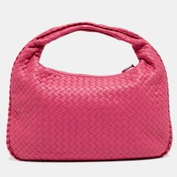 Pre Owned Bottega Veneta Pink Intrecciato Leather Medium Veneta Hobo