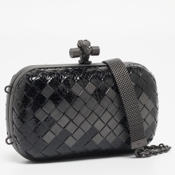 Pre Owned Bottega Veneta Black Intrecciato Watersnake and Leather Knot Chain Clutch