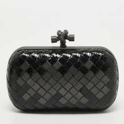 Pre Owned Bottega Veneta Black Intrecciato Watersnake and Leather Knot Chain Clutch