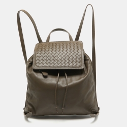 Bottega Veneta Grey Intrecciato Leather Drawstring Flap Bakcpack