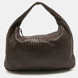 Pre Owned Bottega Veneta Dark Brown Intrecciato Leather Large Veneta Hobo