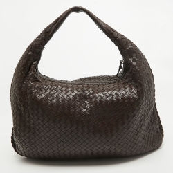 Pre Owned Bottega Veneta Dark Brown Intrecciato Leather Large Veneta Hobo