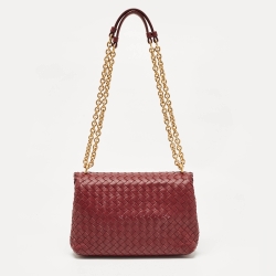 Pre Owned Bottega Veneta Dark Red Intrecciato Leather Small Olimpia Shoulder Bag