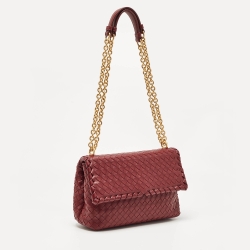 Pre Owned Bottega Veneta Dark Red Intrecciato Leather Small Olimpia Shoulder Bag