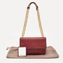 Pre Owned Bottega Veneta Dark Red Intrecciato Leather Small Olimpia Shoulder Bag