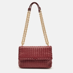 Pre Owned Bottega Veneta Dark Red Intrecciato Leather Small Olimpia Shoulder Bag