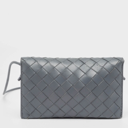 Pre Owned Bottega Veneta Grey Intrecciato Leather Flap Strap Wallet