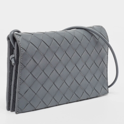 Pre Owned Bottega Veneta Grey Intrecciato Leather Flap Strap Wallet