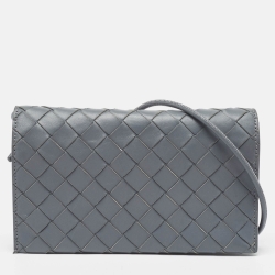 Pre Owned Bottega Veneta Grey Intrecciato Leather Flap Strap Wallet