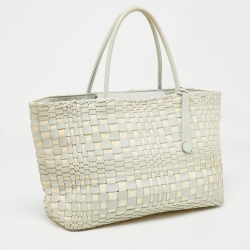 Pre Owned Bottega Veneta Light Blue/White Intrecciato Leather Tote