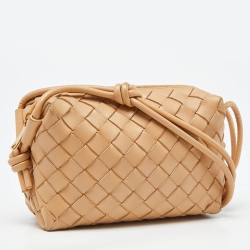 Pre Owned Bottega Veneta Beige Intrecciato Leather Mini Loop Camera Crossbody Bag
