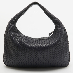 Pre Owned Bottega Veneta Dark Blue Intrecciato Leather Large Veneta Hobo
