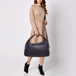 Pre Owned Bottega Veneta Dark Blue Intrecciato Leather Large Veneta Hobo