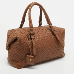 Pre Owned Bottega Veneta Brown Intrecciato Leather Zip Satchel