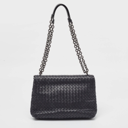 Pre Owned Bottega Veneta Navy Blue Intrecciato Leather Medium Olimpia Flap Shoulder Bag