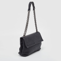 Pre Owned Bottega Veneta Navy Blue Intrecciato Leather Medium Olimpia Flap Shoulder Bag