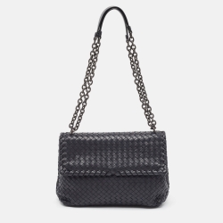 Pre Owned Bottega Veneta Navy Blue Intrecciato Leather Medium Olimpia Flap Shoulder Bag