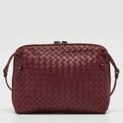 Pre Owned Bottega Veneta Dark Red Intrecciato Leather Nodini Crossbody Bag