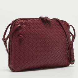 Pre Owned Bottega Veneta Dark Red Intrecciato Leather Nodini Crossbody Bag