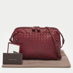 Pre Owned Bottega Veneta Dark Red Intrecciato Leather Nodini Crossbody Bag