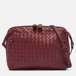 Pre Owned Bottega Veneta Dark Red Intrecciato Leather Nodini Crossbody Bag