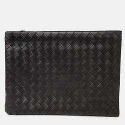 Pre Owned Bottega Veneta Deep Khaki Leather Mesh Clutch Bag