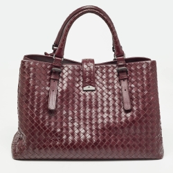 Pre Owned Bottega Veneta Burgundy Intrecciato Leather Medium Roma Tote