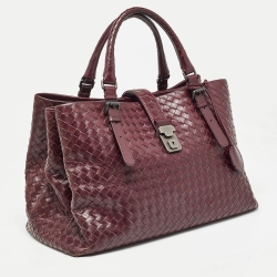 Pre Owned Bottega Veneta Burgundy Intrecciato Leather Medium Roma Tote
