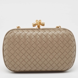 Pre Owned Bottega Veneta Beige Intrecciato Leather Knot Chain Clutch