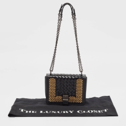 Pre Owned Bottega Veneta Black/Gold Intrecciato Leather and Ayers Flap Chain Bag