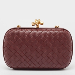 Pre Owned Bottega Veneta Red Intrecciato Leather Knot Chain Clutch