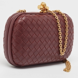 Pre Owned Bottega Veneta Red Intrecciato Leather Knot Chain Clutch