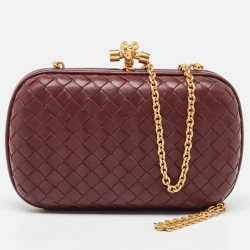 Pre Owned Bottega Veneta Red Intrecciato Leather Knot Chain Clutch