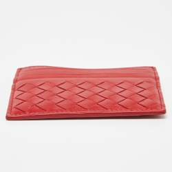 Pre Owned Bottega Veneta Red Intrecciato Leather Card Holder